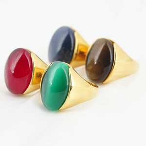Anello con Sigillo Vintage in Acciaio Inossidabile con Grande Pietra Occhio di Gatto Ovale Placcato Oro Gioielli per Uomo Donna