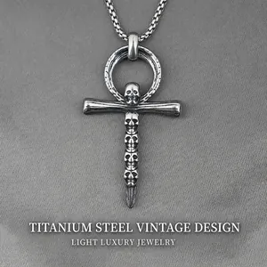 Gothic Skeleton Ankh Cross Pendant Necklace Retro Titanium Steel Skull Jewelry For Men Women Punk Dark Style Necklaces
