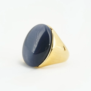 Anello da uomo in acciaio al titanio con grande pietra occhio di gatto blu