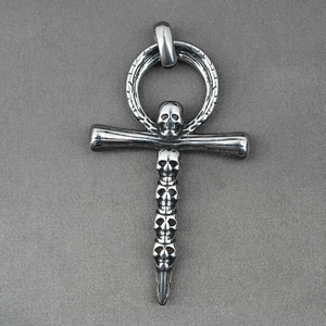 Gothic Ankh cross pendant with five skulls in vintage silver stainless steel finish