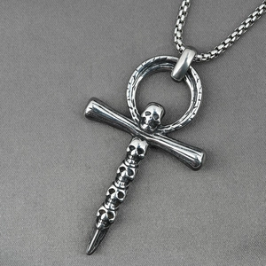 Gothic silver-tone stainless steel Ankh cross necklace with detailed skull accents for men
