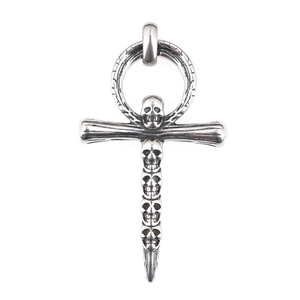 Gothic punk titanium steel necklace with Ankh cross and five stacked skulls in retro silver
