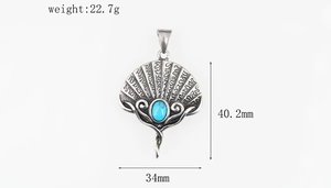 Macro view of fan-shaped pendant with turquoise stone, weight 22.7g and 40.2mm height