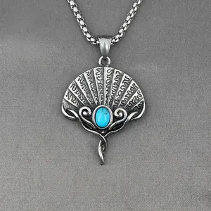 Vintage Fan Shaped Titanium Steel Pendant Necklace Artificial Turquoise Ethnic Bohemian Style Jewelry For Men Women