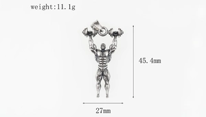 Détail du pendentif haltère musculation avec lignes musculaires et dimensions