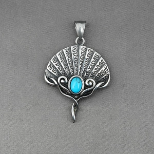 Ethnic turquoise fan pendant necklace in retro stainless steel for men and women