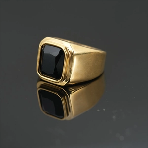 Anillo de sello clásico de oro para hombre y mujer con piedra de ónix negro rectangular