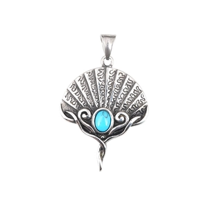 Vintage turquoise fan pendant necklace in distressed titanium steel for men and women