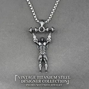 Collier Pendentif Homme Musclé en Acier Titane Vintage Musculation Haltère Gym Bijoux de Sport Cadeau pour Petit Ami