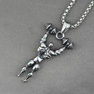 Collier pour homme avec pendentif haltérophile en acier vintage et chaîne punk
