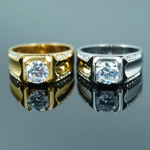 Luxury Titanium Steel Rhinestone Ring For Men Large Round Clear Stone Square Setting Wedding Band Jewelry Finger Ring Gift