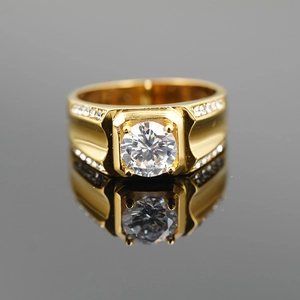 Classic gold titanium men's ring with square halo round diamond and pave setting side stones