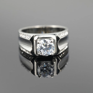Men's titanium steel diamond ring with round solitaire stone and thick silver-tone band