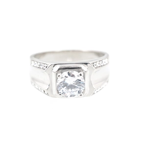 Men's silver-toned titanium steel ring with a large round cubic zirconia solitaire