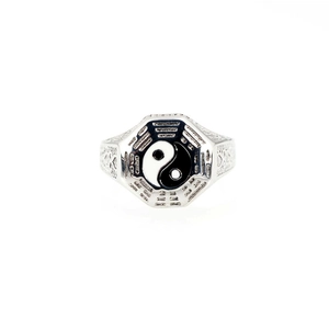 Classic silver titanium steel Tai Chi Bagua ring with polished octagonal face for men