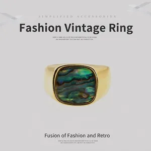 Vintage Titanium Steel Signet Ring For Men Women Gold Plated Abalone Shell Inlay Geometric Fashion Finger Ring Jewelry