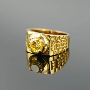 Mens gold titanium steel ring with yellow round gemstone and textured grid band
