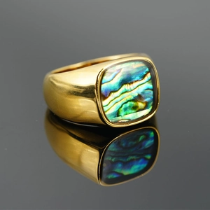 Polished gold titanium steel signet ring with a rectangular colorful abalone shell inlay