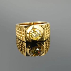 Classic gold titanium steel signet ring for men featuring a round yellow gemstone center