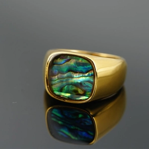 Vintage gold plated stainless steel ring featuring a colorful rectangular abalone shell stone