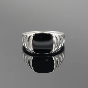 Vintage stainless steel ring for men with black square gemstone and side grooved patterns