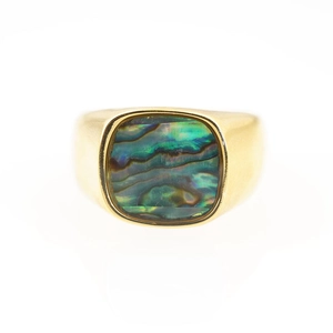 Classic gold signet ring with square abalone shell inlay on white background