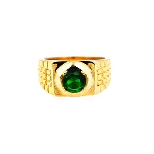 Classic gold titanium steel ring for men featuring an oval green stone and grid relief