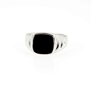 Retro stainless steel signet ring with square black enamel inlay for men