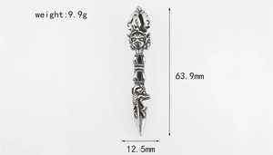 Detailed technical view of vajra pestle pendant with 9.9g weight and 63.9mm height