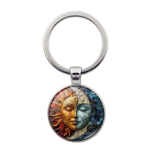 Porte-Clés Bohème Soleil Et Lune Pendentif En Verre Alliage De Zinc Vintage Mythologie Artistique Pour Sac Voiture Cadeau