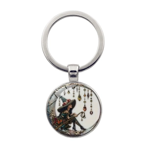 Vintage Alloy Moon Witch Time Gem Keychain With Glass Cabochon Pendant Antique Bronze Silver Tone Bag Hanging Ornament Gift