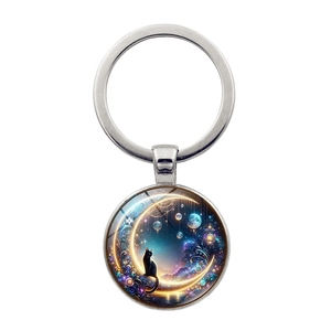 Portachiavi con Gatto Nero Sulla Luna in Vetro Cabochon e Lega Anello per Chiavi Auto Pendente Borsa Gioiello Cielo Stellato Regalo