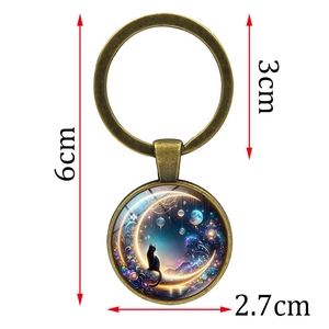 Portachiavi fantasia gatto nero sulla luna con ciondolo in vetro bronzo, lungo 6cm