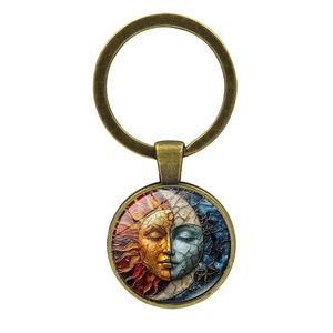 Porte-clés élégant en bronze avec pendentif soleil et lune en mosaïque de verre d'art