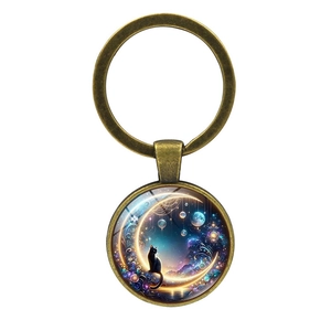 Portachiavi in bronzo con gatto nero sulla luna e ciondolo circolare in metallo vintage
