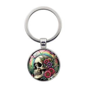 Silberner Schlüsselanhänger aus Metall mit buntem Totenkopf und Rosen-Anhänger für Taschen