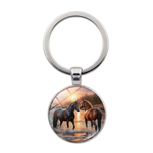 Artistic Horse Sunset Keychain Zinc Alloy Glass Cabochon Pendant Keyring Bag Charm Vintage Animal Jewelry For Men Women