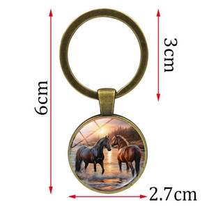 Bronze horse pendant keychain with sunset scene illustration for bags and keys