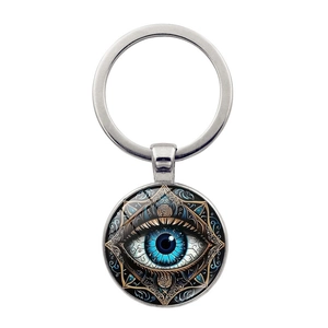 Blue Evil Eye mandala keychain with silver metal ring on a clean white background