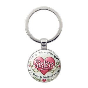 Porte-Clés en Métal Citation Sœurs Côte à Côte ou à des Kilomètres Alliage Cœur Cabochon Verre Cadeau Femme