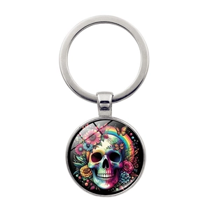 Zucker Schädel Rose Blume Schlüsselanhänger Zinklegierung Glas Rund Anhänger Mexikanischen Tag Der Toten Stil Schlüsselring Für Tasche