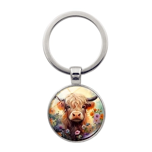 Highland cow flower art glass dome keychain with silver metal ring for bags and gifts