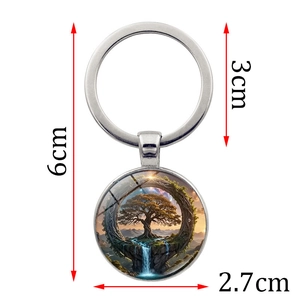 Silver Tree of Life keychain with colorful nature glass pendant and clear size markings