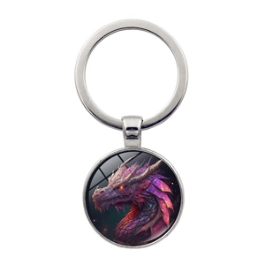 Fantasy Westlicher Drache Muster Metall Schlüsselanhänger Rund Glas Cabochon Anhänger Silber Legierung Schlüsselring Kreatives Geschenk