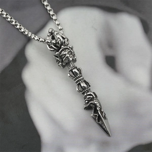 Gothic Vajra Phurba pendant on box chain made of vintage silver-tone titanium steel