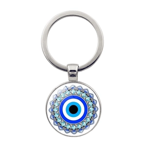 Silver keyring with Blue Evil Eye Mandala pendant and polished metal keychain finish