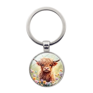 Cute highland cow floral pendant metal keychain with polished glass cabochon art