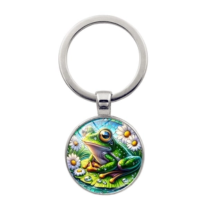 Frog Prince time gem glass pendant keychain with daisy and lily pad illustration