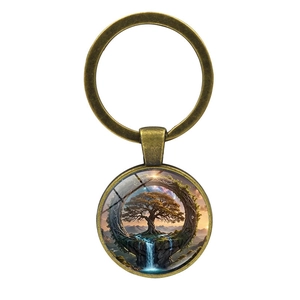 Vintage bronze Tree of Life keychain with fantasy glass pendant and metal ring accessory