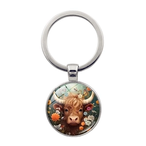 Vintage Highland Cow Flower Pattern Metal Keychain Glass Round Cabochon Bag Pendant Keyring Gift For Women Men